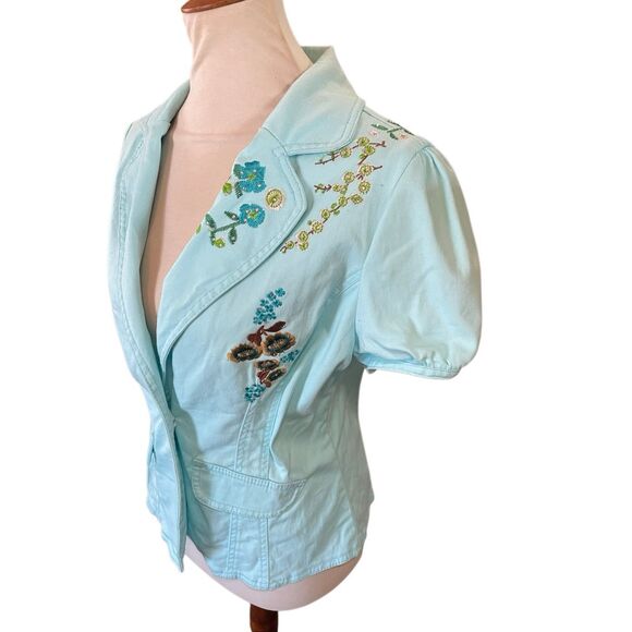 Live A Little Aqua Blue Embroidered Rhinestone Lightweight Jacket Size Medium - Picture 7 of 15